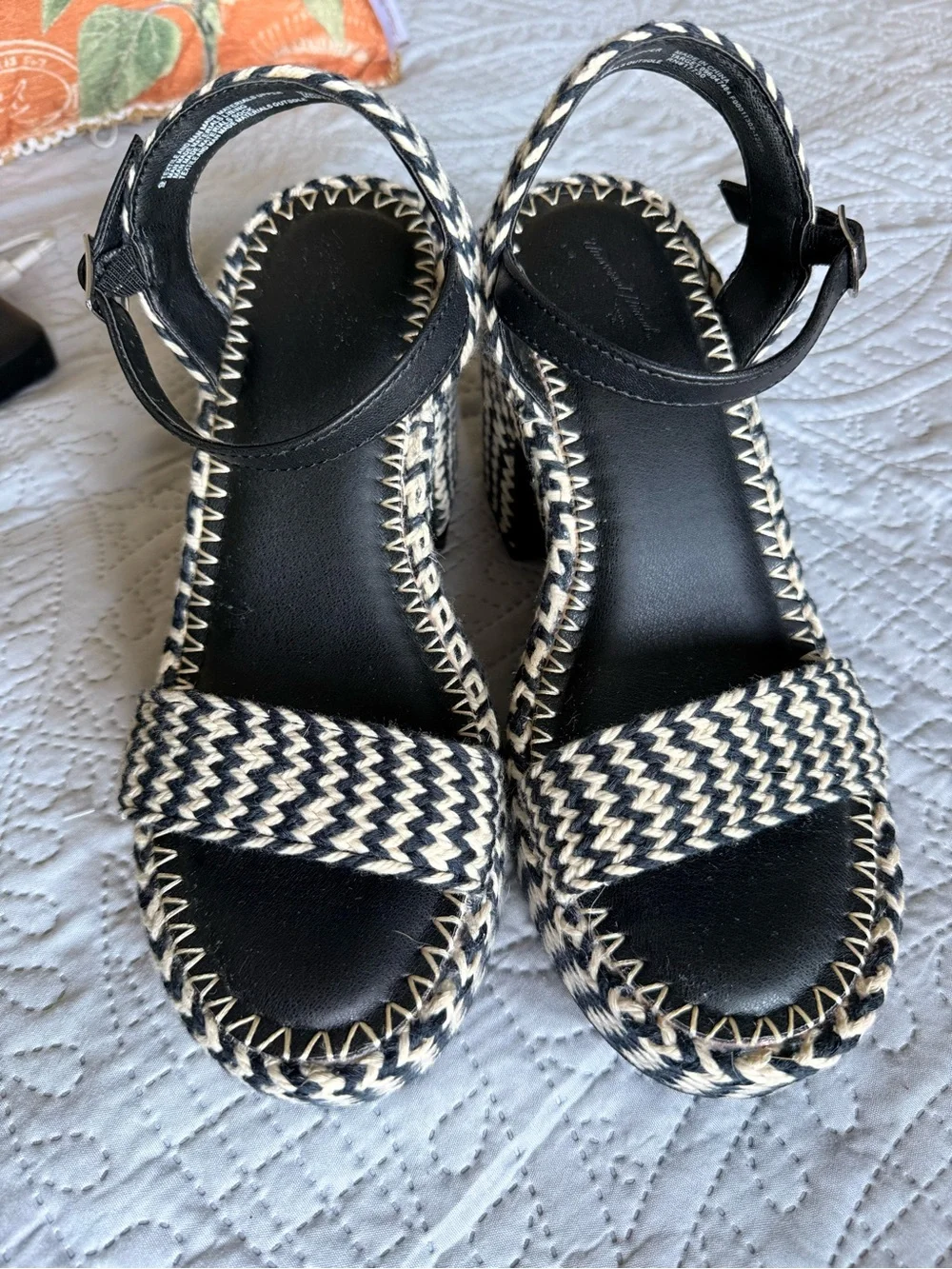 Universal Thread Black & Cream Woven Platform Heels with Ankle Strap